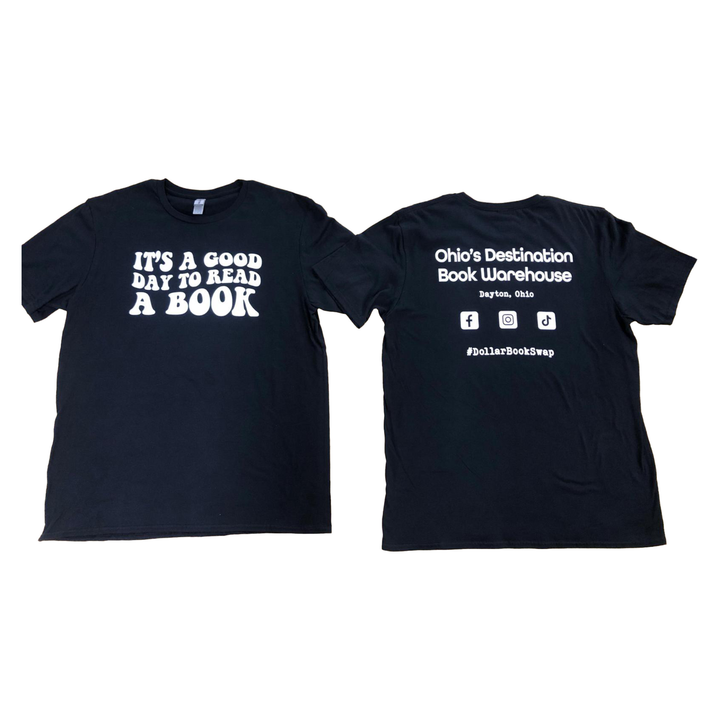 front and back of black tee