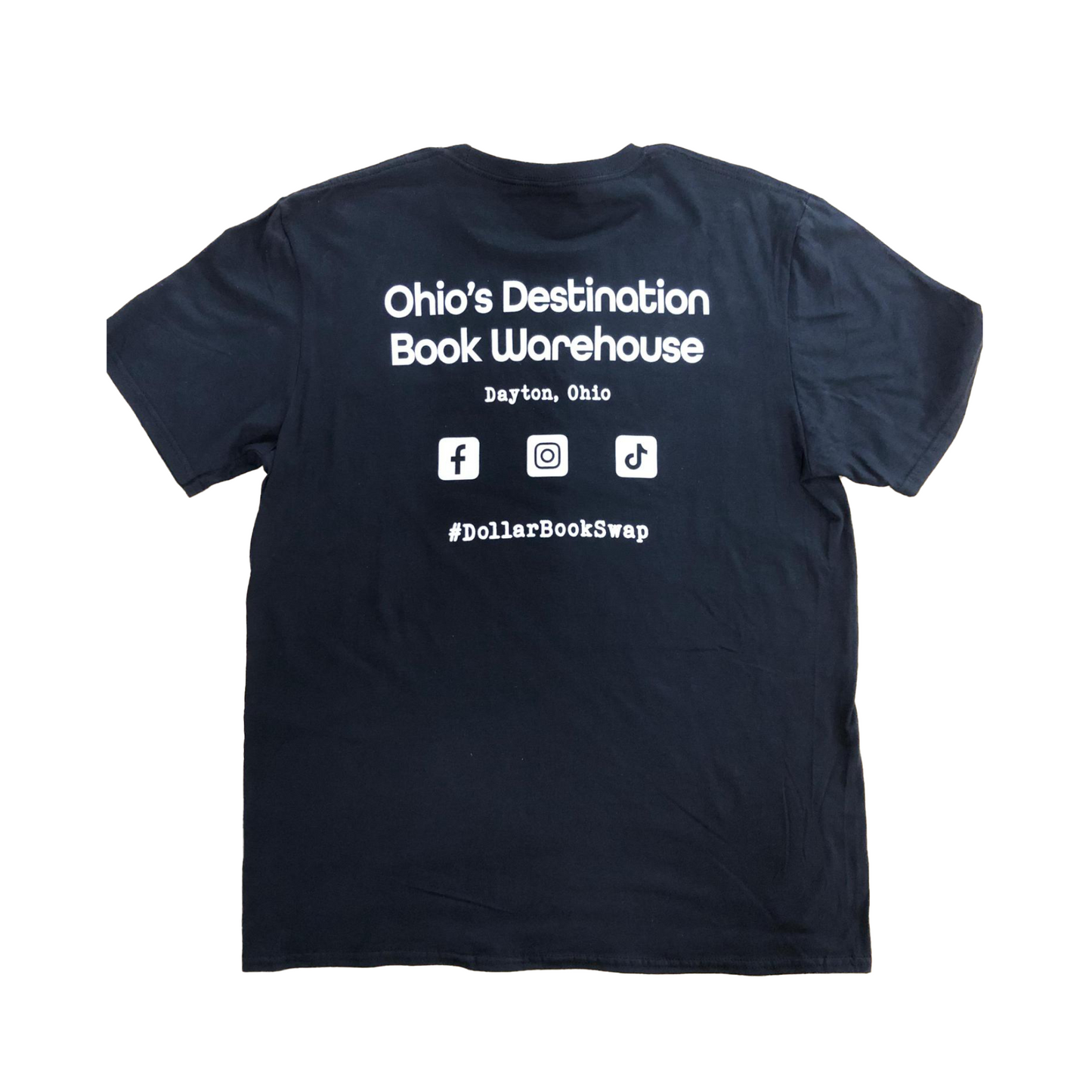 black tee with Dollar Book Swap info